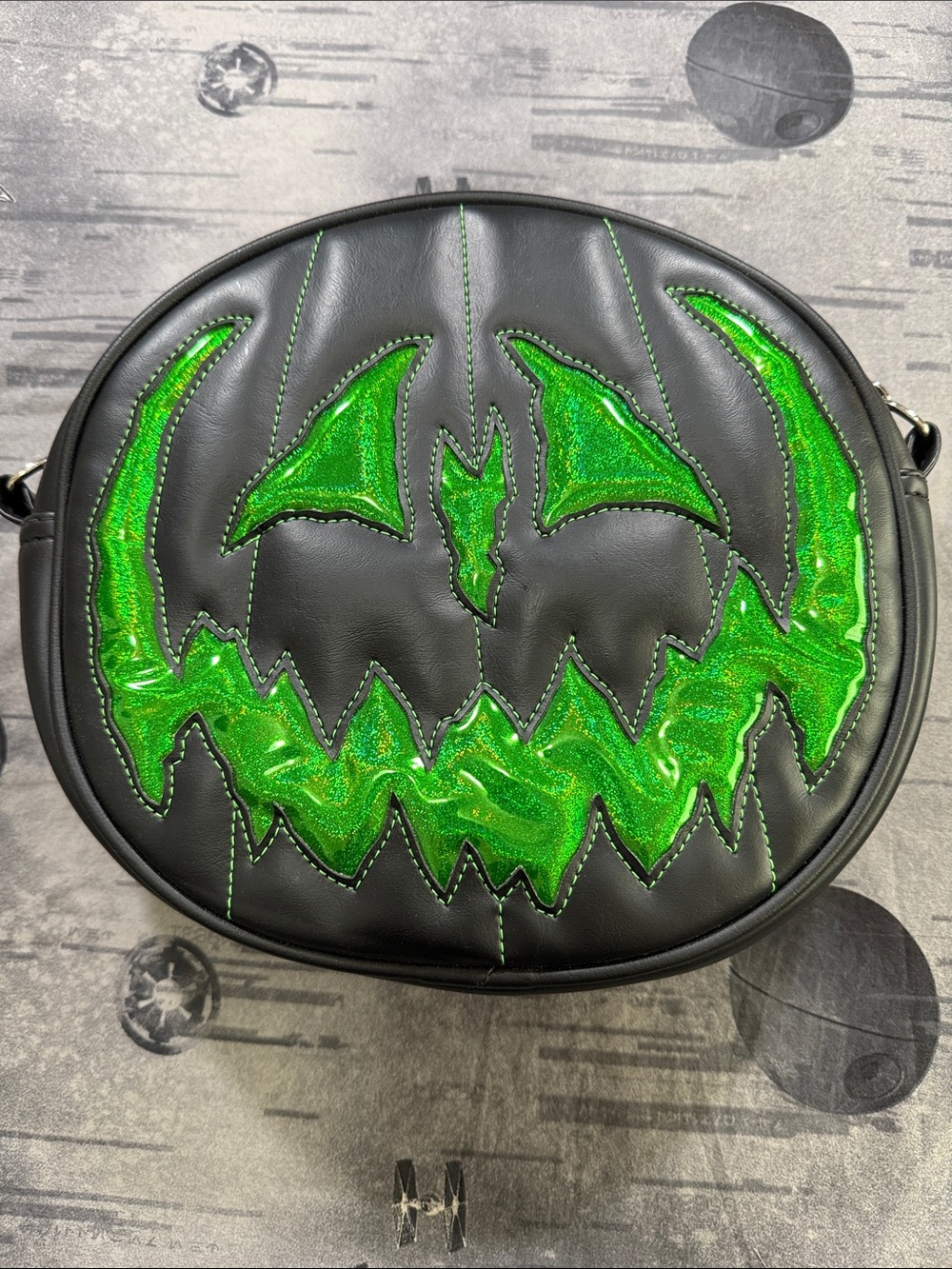 LOVE PAIN AND STITCHES PUMPKIN KING JACK HOLO GREEN HANDCRAFTED BAG